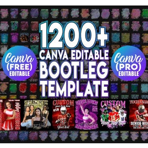 Peut inclure: Graphique numérique avec le texte "1200+ CANVA EDITABLE BOOTLEG TEMPLATE" en blanc et bleu. L'image comprend les mots "Canva (FREE) Editable" et "Canva (PRO) Editable" dans des cercles. Plusieurs exemples de modèles sont affichés.