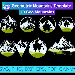 Geometric Mountains and forest Canva frame bundle, Outdoors Adventure Sublimation Designs PNG, Landscape Logo, Mountains and Forest