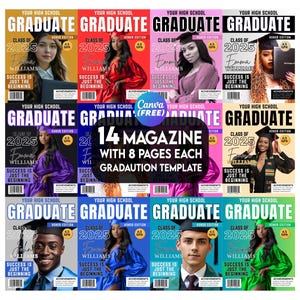 14 Graduation Magazine, 8 pages each canva template, Magazine Invitation Editable Pack, Grad And Senior 2025 Design, Senior Class of 2025