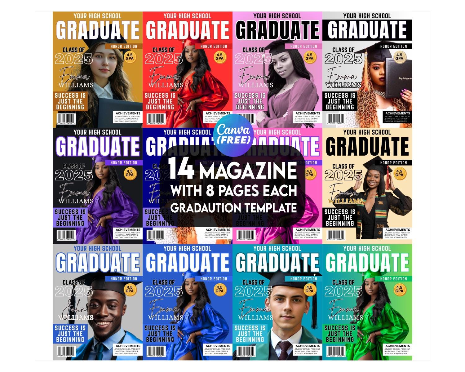 14 Graduation Magazine, 8 pages each canva template, Magazine Invitation Editable Pack, Grad And Senior 2025 Design, Senior Class of 2025