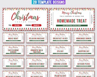 May include: A digital Canva template set featuring 20 Christmas coupon designs with red and green text, festive light bulb borders, and pine tree accents. The coupons include various activity titles like Movie Night and Homemade Treat.