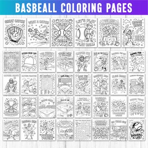 Könnte beinhalten: Eine Sammlung von Ausmalbildern zum Thema Baseball mit verschiedenen schwarz-weißen Strichzeichnungen von Spielern, Ausrüstung und Spielszenen. Die Seiten enthalten Texte wie Great Catch, Play Ball, Home Run und Baseball Hero zum Ausmalen.