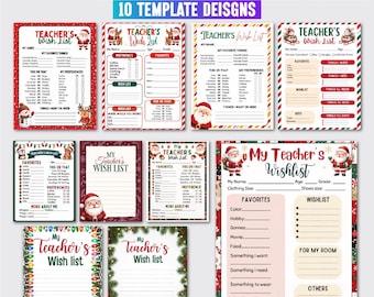 May include: A collection of 10 Christmas-themed teacher wish list templates in a digital format. Each template features festive illustrations like Santa Claus, reindeer, and snowmen, with fields for personal preferences, favorites, and wish lists.