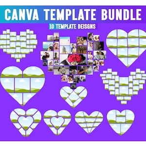 May include: A purple graphic with the text "CANVA TEMPLATE BUNDLE" and "10 TEMPLATE DESIGNS". The image features heart-shaped templates filled with photos and landscape images, ideal for digital design projects.