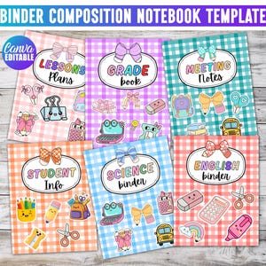May include: A set of six digital binder covers with a gingham pattern in pink, purple, teal, orange, blue, and coral. Each cover features a central label with text including Lesson Plans, Grade book, Meeting Notes, Student Info, Science binder, and English binder.