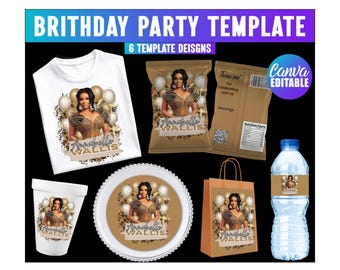 Canva Editable Birthday Party Favor Template,  Birthday Treat Bundle, Party Favor Custom Water Labels, Chip Bag, birthday juice canva