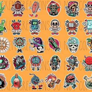 Peut inclure: Une collection d'autocollants de dessins animés colorés avec divers motifs, dont une feuille de cannabis, un ballon de football américain, un steak, un robot, un champignon, un crâne, un bang, un téléphone, une console de jeu, un signe de paix, une planète, et un skateboard.