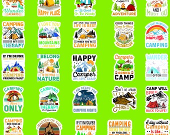 May include: A collection of 20 colourful camping themed stickers with various slogans and illustrations. The stickers feature mountains, campfires, tents, and other camping related imagery.