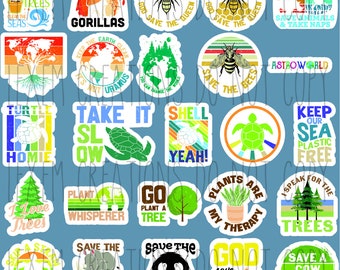 May include: A set of 20 colorful round stickers with various environmental messages and images. The stickers feature a variety of designs, including bees, turtles, trees, gorillas, and pandas. The text on the stickers includes phrases like "Save the Bees", "Keep Our Sea Plastic Free", and "Save the Gorillas".