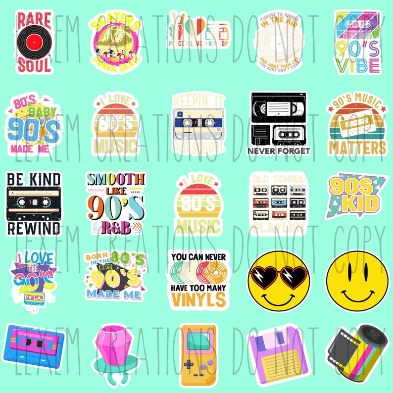 50 Retro Stickers / 1980's / 1990's / Hip Hop / Gameboy / Happy Face ...