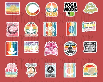 May include: A set of 20 colorful stickers with yoga-themed designs and inspirational quotes. The stickers feature a variety of colors, including pink, blue, green, yellow, and red. The stickers are perfect for adding a touch of personality to laptops, water bottles, journals, and more.