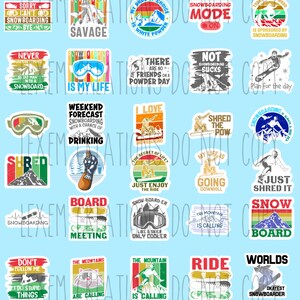 30 Conjunto de pegatinas de snowboard / Snowboard / Snowboarder / Polvo / Fresco / Nieve / Montaña / Triturar / Regalos para hombres mujeres adolescentes / Conjunto personalizado
