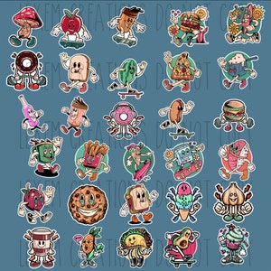 30 Autocollants alimentaires de dessin animé rétro / Foodie / Groovy / Taco / Donut / Champignons / Cadeaux pour hommes femmes / Autocollant personnalisé / Hotdog / Français Fry / Set