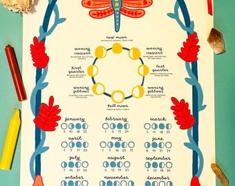 2026 Lunar Calendar // 13x19 Art Print // 2026 Moon Phases // Botanical Witch Poster