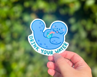 Drink More Water Sticker // Water Bottle Sticker // Manatee