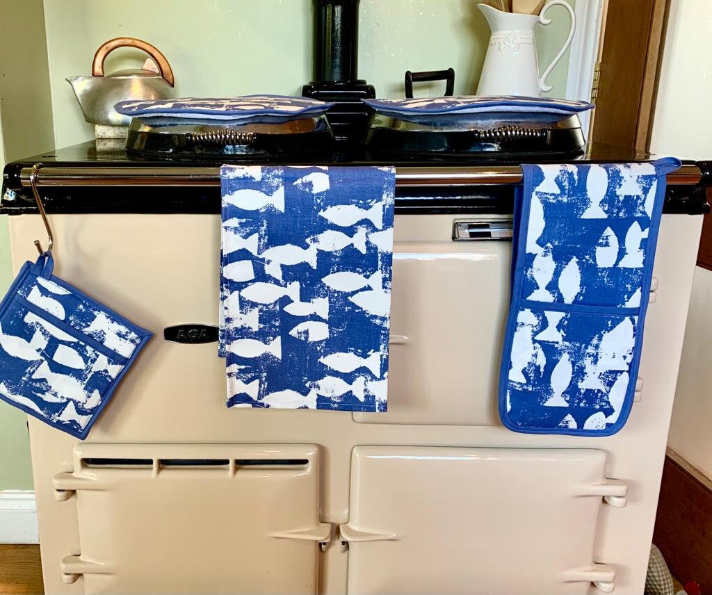 Aga Hob Cover handmade in beautiful bright blue and white fish Etsy