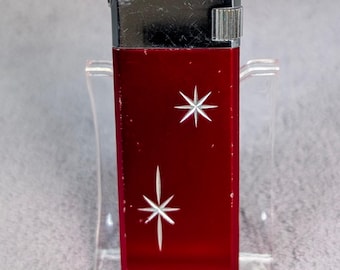 Vintage JJJ Pinnacle Butane Lighter - MCM Starburst Design - Red Anodized Aluminum - Midcentury Modern - Working Vintage Lighter