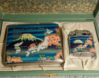 Rare Memory of Japan Lighter and Cigarette Case - Blue Enamel Design - Mt Fuji, Cherry Blossoms - Working Vintage  Lighter