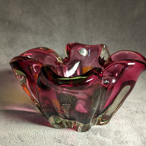 Midcentury Cranberry Red and Green Sanyu Ashtray - Signed - Midcentury Modern Art Glass - Gold or Silver Flakes - Hand Blown - Murano Style