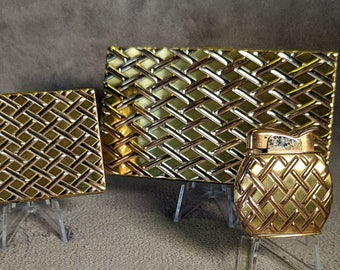 Midcentury Modern Basketweave Pattern Evans Lighter, Cigarette Case, Compact - Bicolor, Gold, Copper, Rose Gold - Working Vintage Lighter