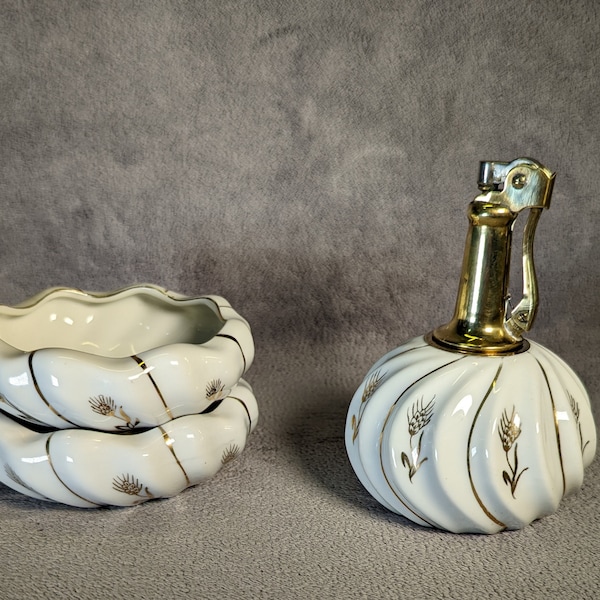 Vintage Decanter Style Table Lighter - White and Gold Porcelain Base - Working Vintage Lighter