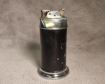 Vintage Evans Roller Bearing Table Lighter - 1930s Art Deco - Black Enamel, Polished Chrome - Working Vintage Lighter