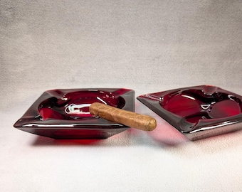 Vintage Anchor Hocking Royal Ruby Ashtray Set - Ruby Red Glass - Matched Pair of Ashtrays - Party, Hosting - Individual Personal