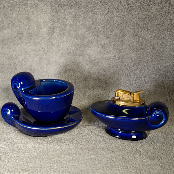 Midcentury Evans Bone China Smoking Set - Unique Genie Lamp Design - Table Lighter, Ashtray, Cigarette Cup - Working Vintage Lighter - MCM