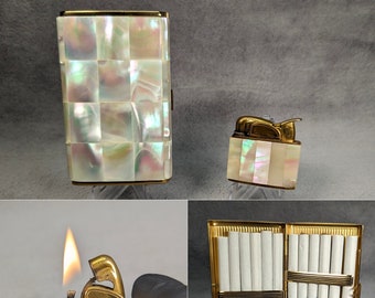 Midcentury Modern Evans Mother of Pearl Smoking Set - Lighter and Cigarette Case - Matching - Working Vintage Lighter - Automatic Lighter