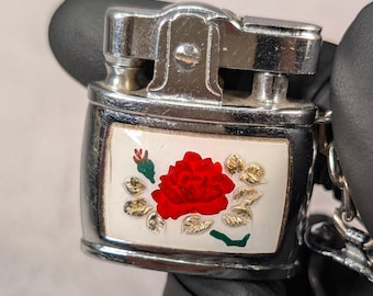 Vintage Penguin Lighter - Ronson Standard Style Miniature, Keychain Lanyard -  Acrylic Rose Design, Gold - Working Restored Vintage Lighter