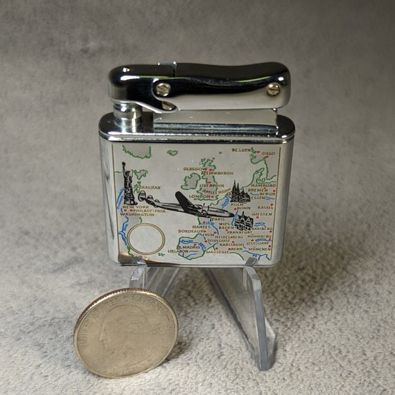 Vintage Unfired Ibelo Monopol Lighter and Cigarette Case - Lockheed Martin  L-049 Constellation - World Map, Airline Pilots - Working Lighter