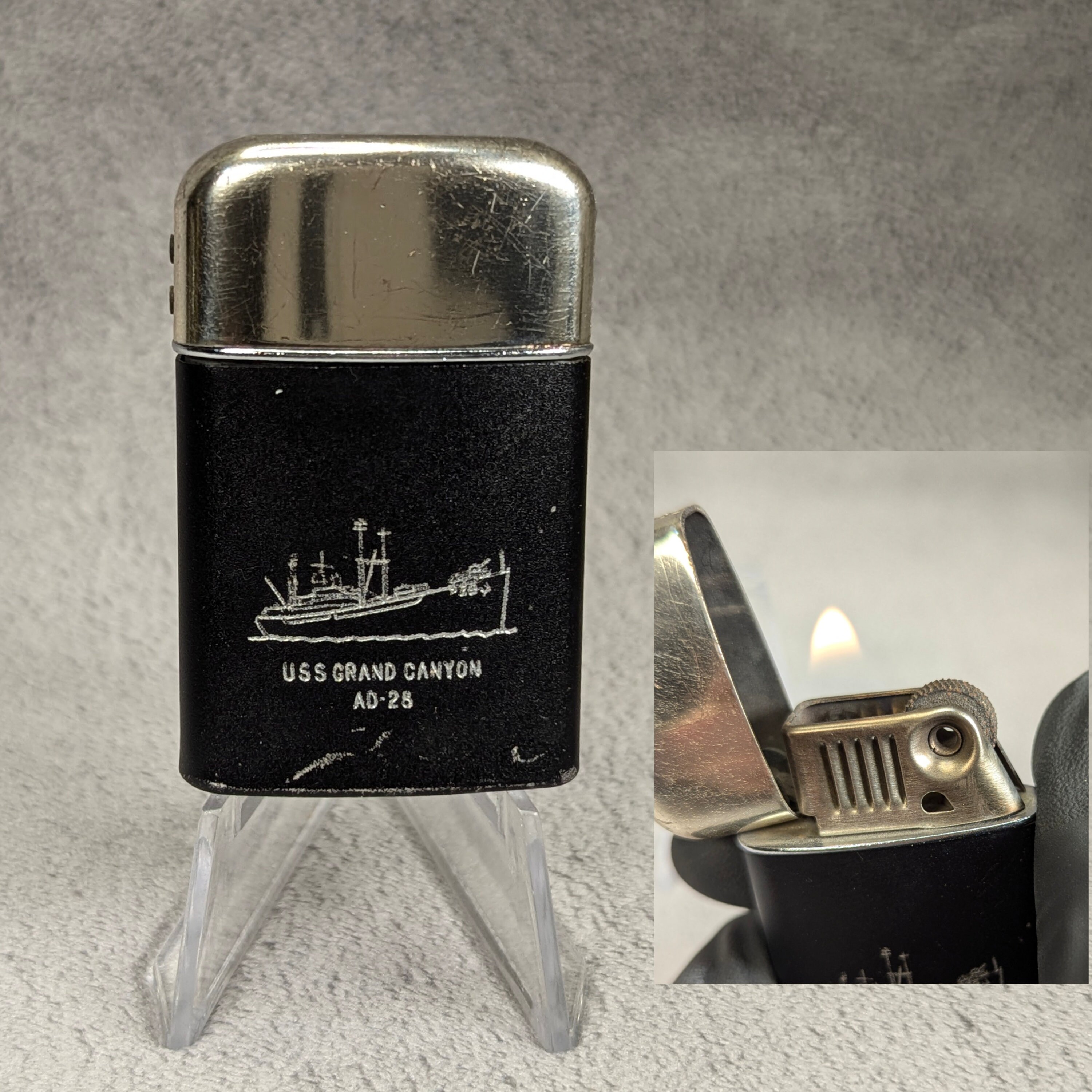 1960s USS Grand Canyon Ronson Typhoon - AD-28 AR-28 Rudderow Destroyer Tender - Navy Flip Top Lighter - Vietnam War Era - 1960s - Working