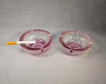 Vintage Pink Floral Bloom Ashtray Set - Blenko Style - Light Pink Glass - Matched Pair of Ashtrays - Party, Hosting - Individual Personal