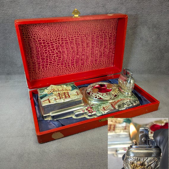Rare Multicolor Japanese Smoking Set - Cigarette Box, Lighter, Ashtray With  Pagoda, Dragon, Mt Fuji - Working Vintage Lighter - Restored