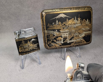 RARE Japanese Damascene Style Lighter and Cigarette Case - Traditional Engraved Art - Gold Plated Details, Unique Smoking Accessories