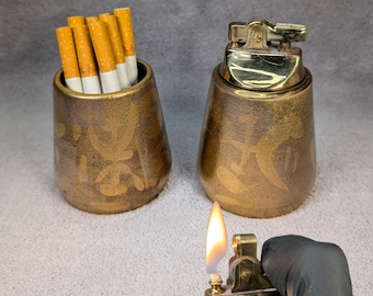Midcentury Modern Sascha Brastoff Smoking Set - Table Lighter, Cigarette Cup - Abstract Gold Design - MCM Ceramics - Working Vintage Lighter