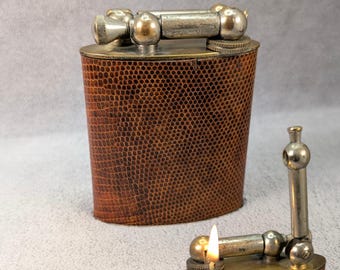 Rare Polaire Lift Arm Lighter - French Tax Stamp - Snakeskin Leather Wrap - Art Deco - Jumbo Large Table Lighter - Working Vintage Lighter
