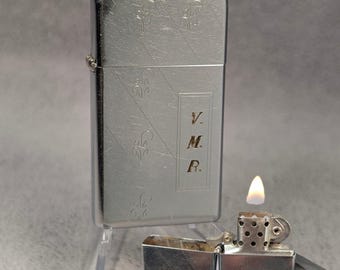 1959 Zippo Slim - HP Ribbon, No. 1615 - Engraved "V.M.R." - Flat Bottom - Working, Restored - Vintage Lighter - Smoking Accessories