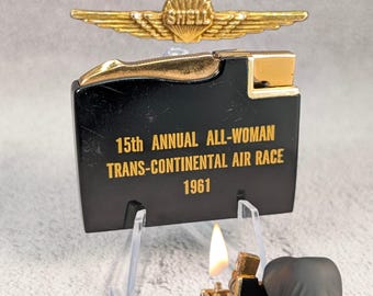 RARE 1961 Woman's Trans-Continental Air Race Lighter - Shell Aviation - Elgin American 400 - Powder Puff Derby - Working Vintage Lighter