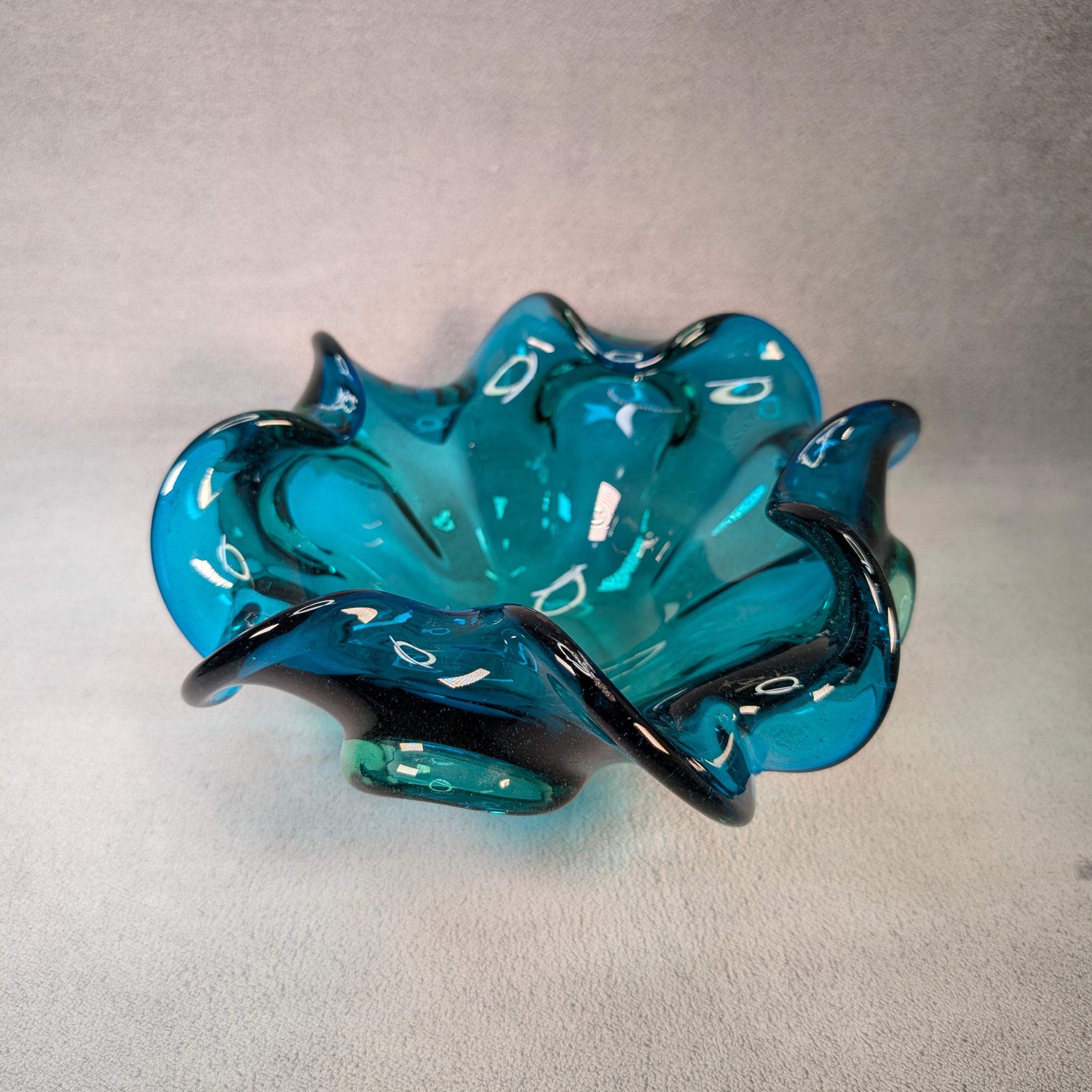 XL MCM Murano Art Glass Cigar Ashtray - Dark Blue, Teal, Aqua