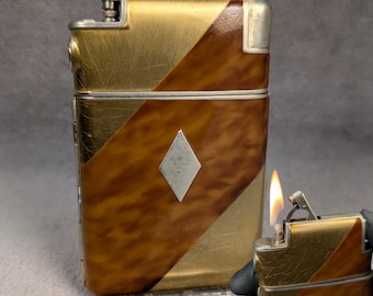 Art Deco Lighter, Cigarette Case Combo - Marathon Slide-a-Lite - Gold, Brown Tortoiseshell Enamel - Working Vintage Lighter - Smokers Gift