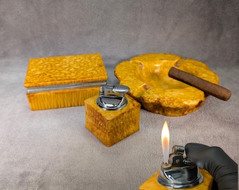 MCM Faux Stone Smoking Set - Lighter, Ashtray, Cigarette Box - Alabaster Style Resin - Midcentury Modern - Working Vintage Lighter
