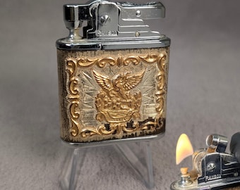 Rare Mexican Coat of Arms Lighter - Embossed Gold, Silver Wrap - Mexican Eagle, Aztec Sun Stone - Working, Restored Vintage Lighter