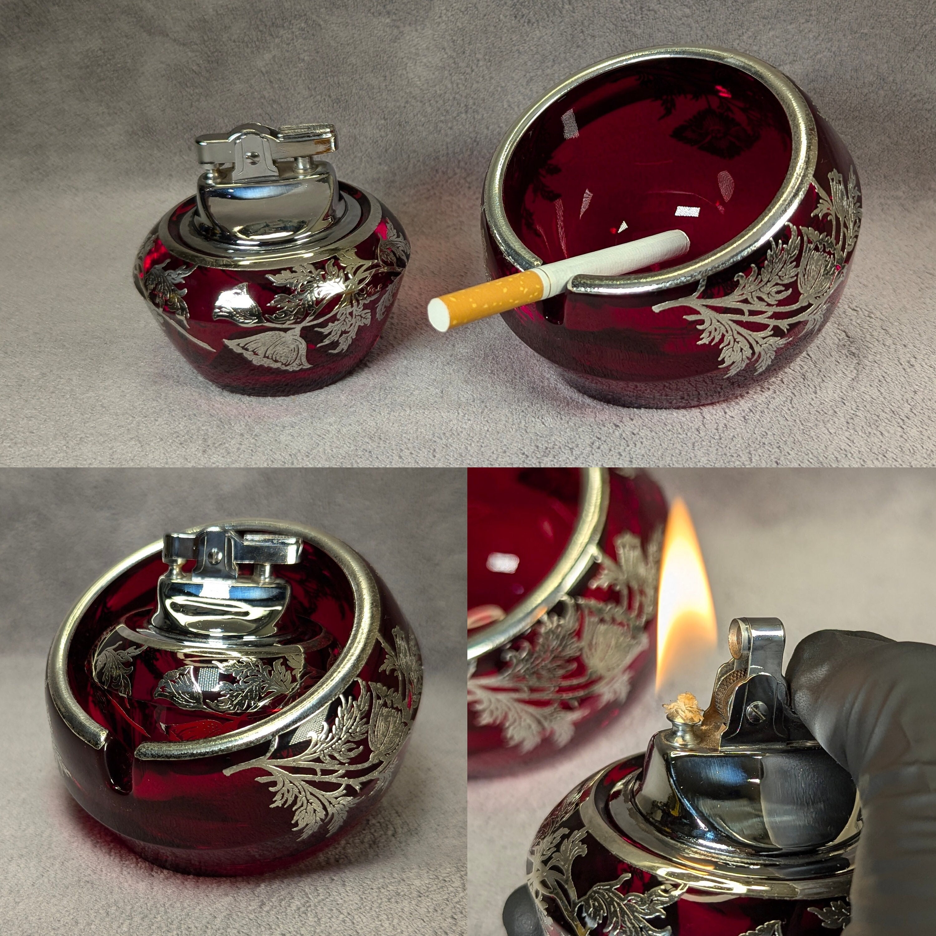 RARE Viking Glass Orb Lighter and Ashtray - Sterling Silver RARE Viking Glass Orb Lighter and Ashtray - Sterling Silver