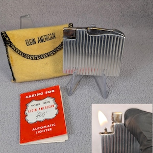Vintage Elgin American 400 Lighter - Aluminum Body, Vertical Pinstripes - Working Vintage Lighter, Serviced Restored - Midcentury Modern MCM