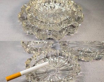 MCM Hazel Atlas Fluted Round Ashtrays - Clear Glass, Gold Tone - Midcentury Modern Decor - Party, Hosting - Smoking Accessories