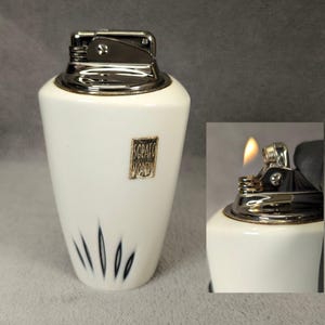 Rare MCM Sgrafo Table Lighter - Minimalist White Ceramic Porcelain Base - Midcentury Modern - Working Vintage Lighter - Restored Serviced