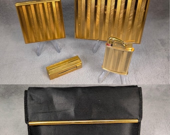 Rare Evans Ladies Clutch Set - Lighter, Cigarette Case, Lipstick, Mirror Compact - Gold Herringbone Pattern - MCM - Working Vintage Lighter