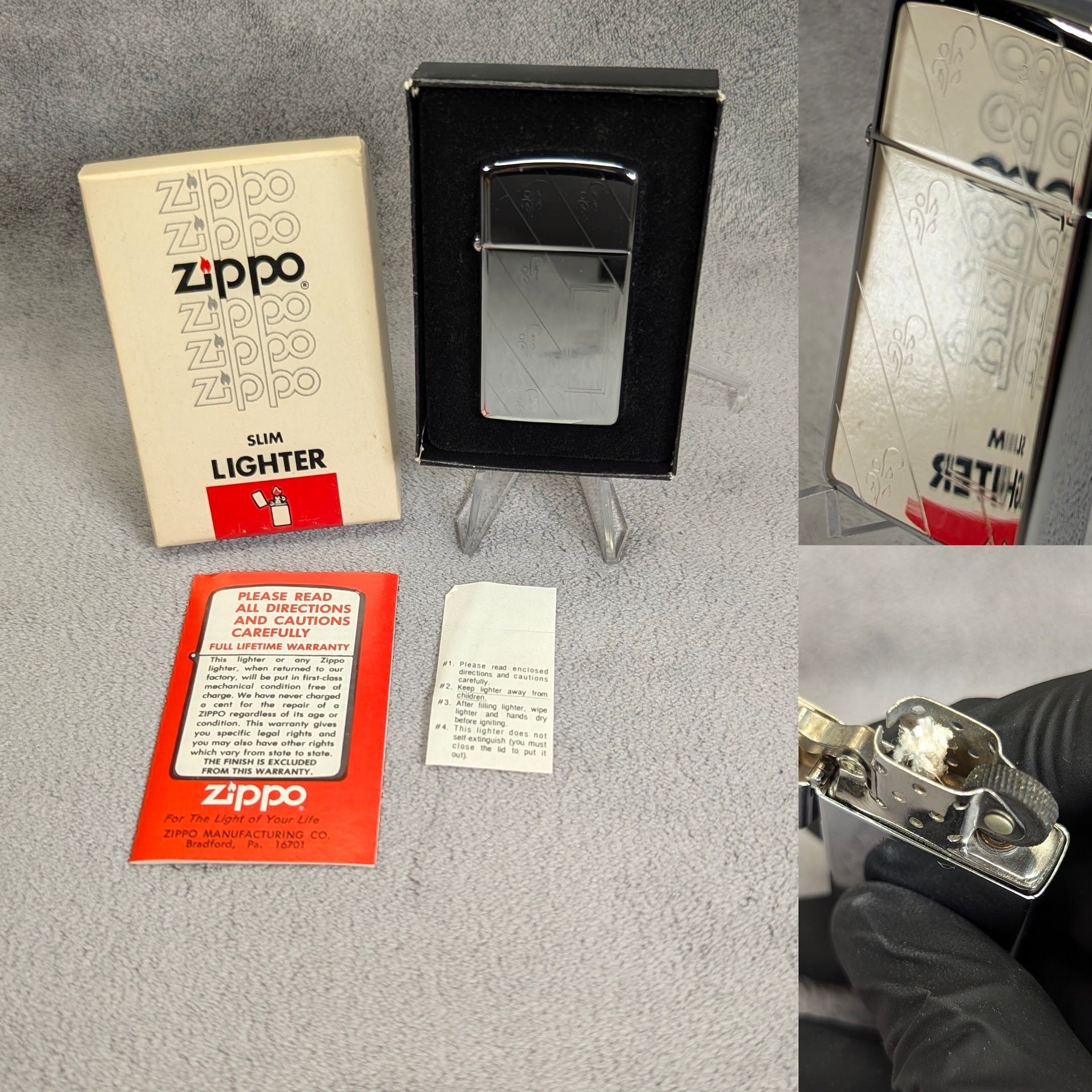 Unfired 1978 H.P. Ribbon Zippo Slim - Original Box and Papers