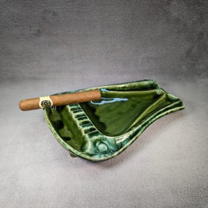 McCoy Pottery Prestige Ashtray - Unique Harp Design - Green Glaze Natural Earthy Tones - Jumbo Cigar Ashtray - MCM Midcentury Modern Decor